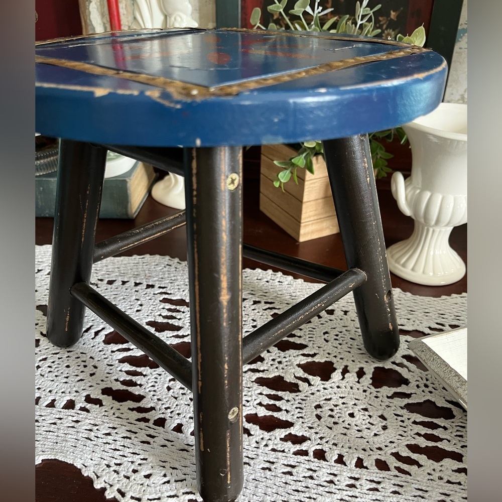 Rustic Blue and Black Wooden Stool - Picture 8 of 16